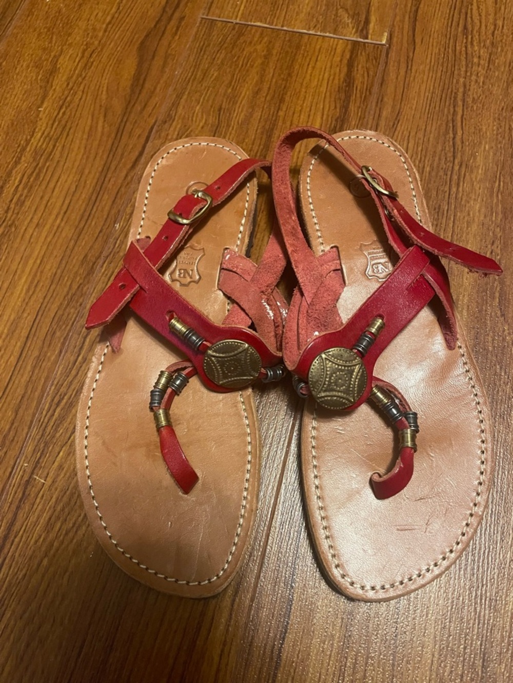 NB Series by Nicole Benisti Red Leather Beaded T-Strap Sandals